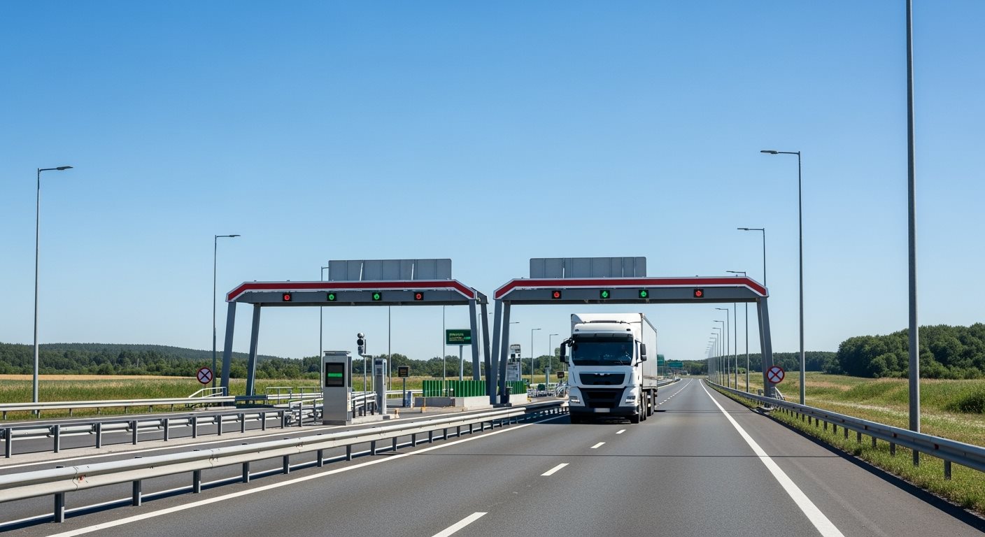 Nákladné vozidlo na diaľnici ako symbol mýtneho systému
