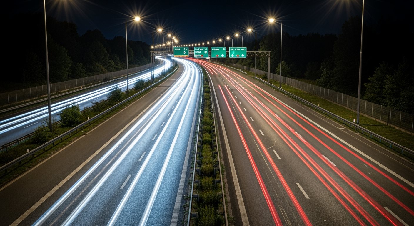 Diaľnica v noci so svetelnými stopami áut