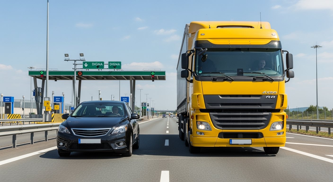 Osobné auto a nákladné auto na diaľnici ako symbol rozdielu medzi známkou a mýtom