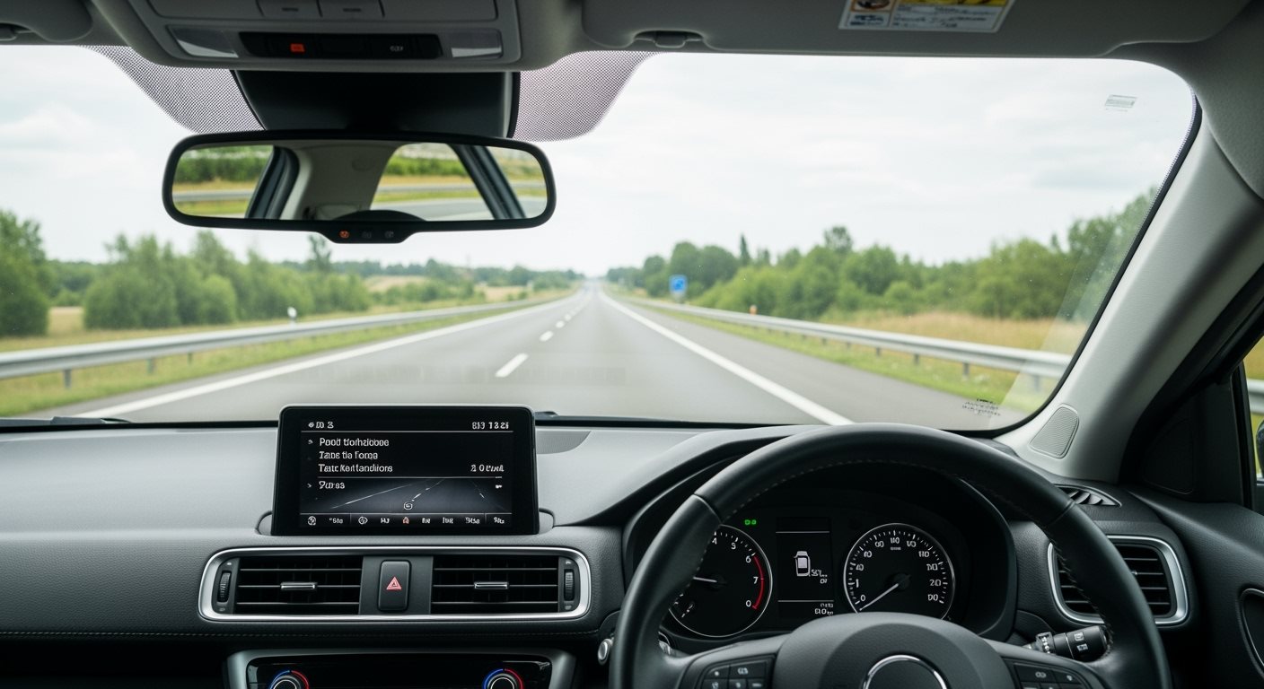 Pohľad z auta na diaľnicu symbolizujúci bezpečnú jazdu